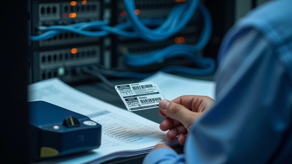 Detailed cable labels and documentation system showing proper labeling technique and database organization