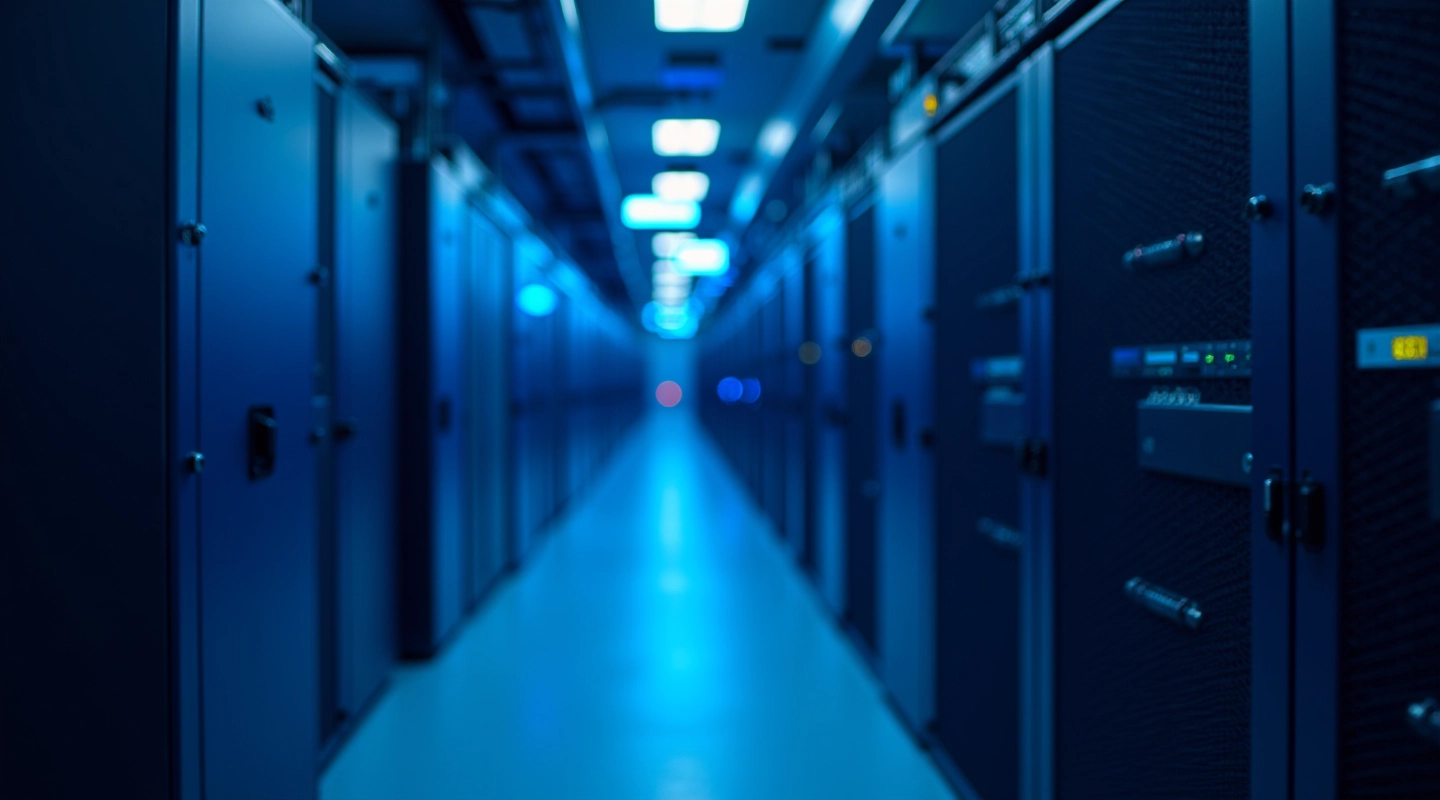 Professional data center facility with organized server infrastructure and networking equipment
