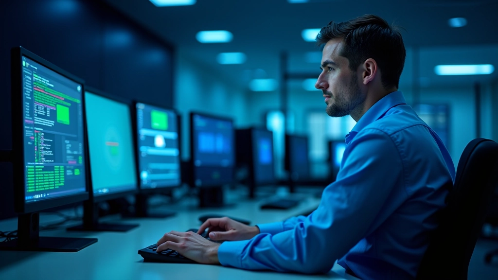 Professional network administrator working at console with multiple monitoring displays showing infrastructure metrics