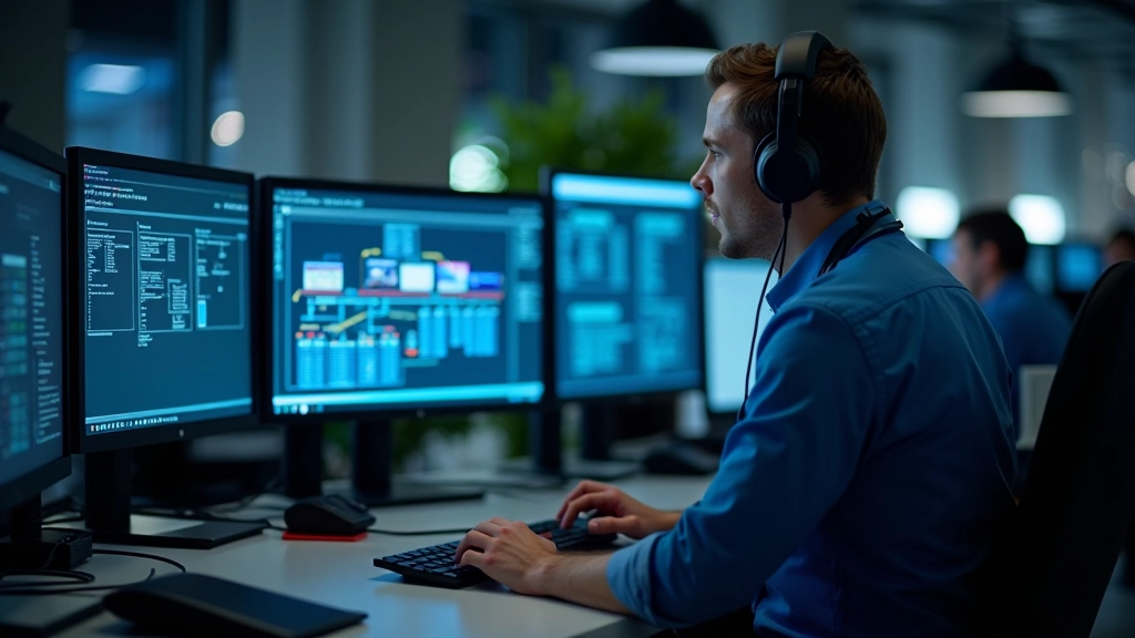 Network infrastructure professional at workspace with technical monitoring displays