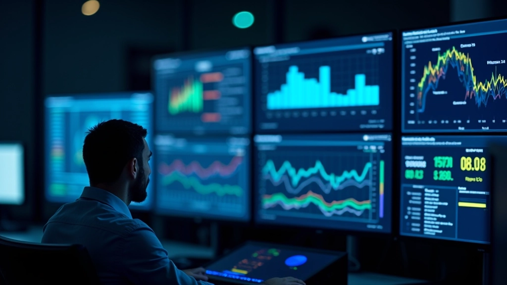 Network monitoring dashboard displaying real-time bandwidth usage statistics, traffic graphs, and application performance metrics on a large display screen