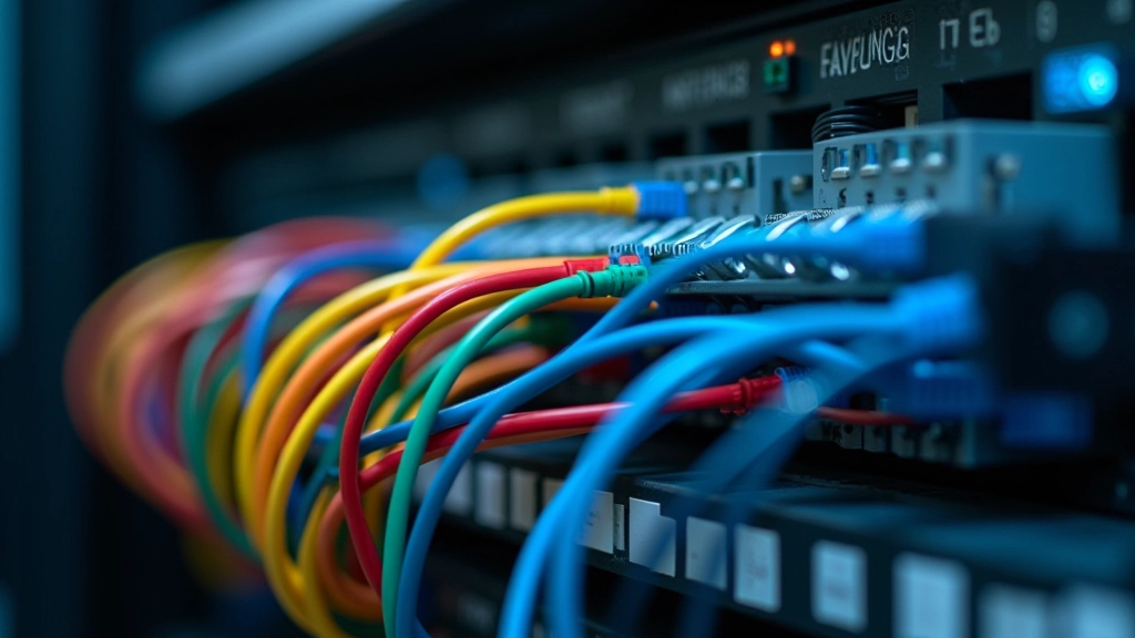 Close-up of organized cable management with color-coded cables bundled with velcro straps and labeled patches