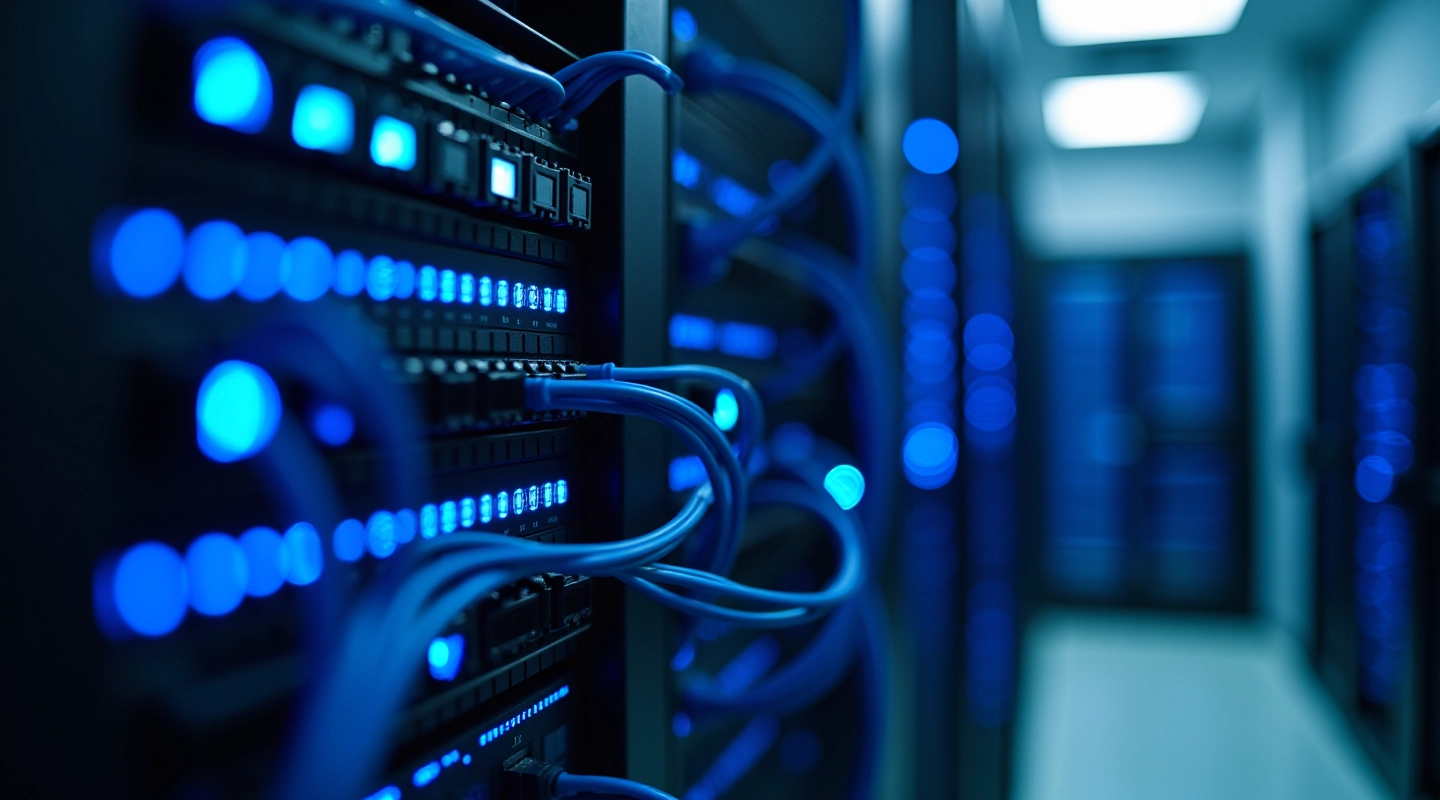 Server rack with organized network cables and equipment in data center facility