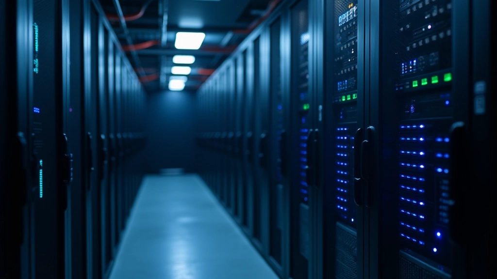 Server rack with visible airflow management, hot and cold aisle containment system