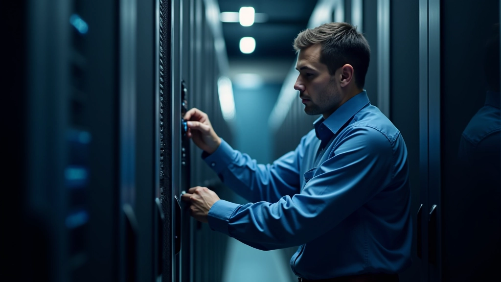 Data center technician performing maintenance and recovery procedures on network equipment