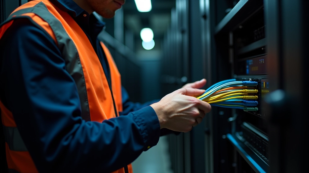 Professional technician installing and organizing network cables in cable management tray with color-coded labels
