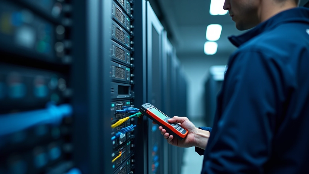 Certified technician performing structured cabling installation testing with professional network testing equipment